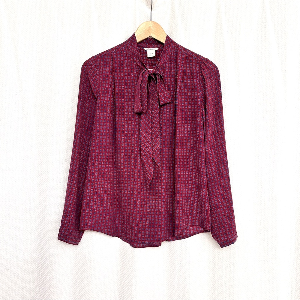Club Monaco 100% Silk Burgundy Blouse with Tie Neck